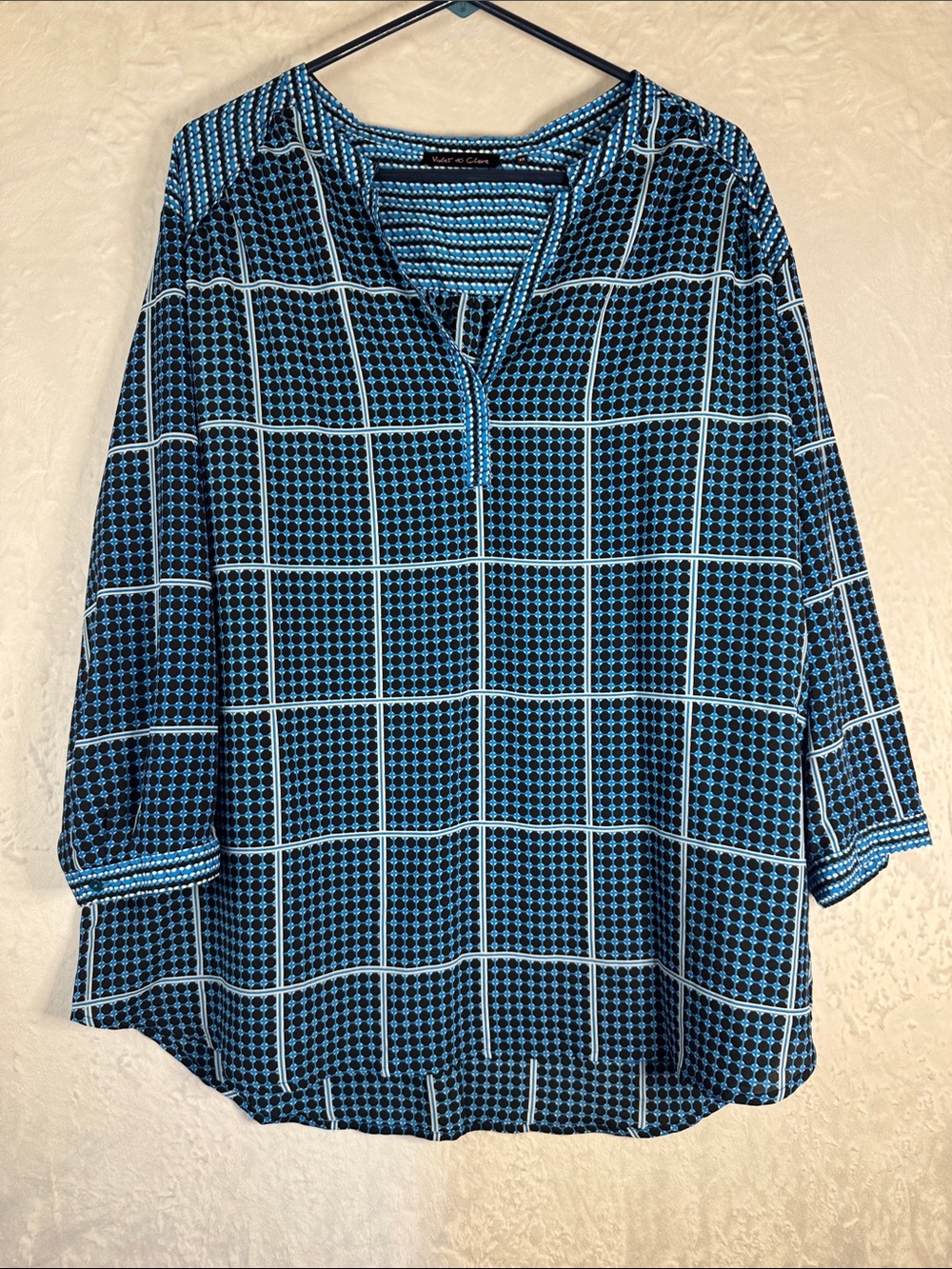 Violet & Claire Blue and Black Grid Print Split-Neck Tunic 3X